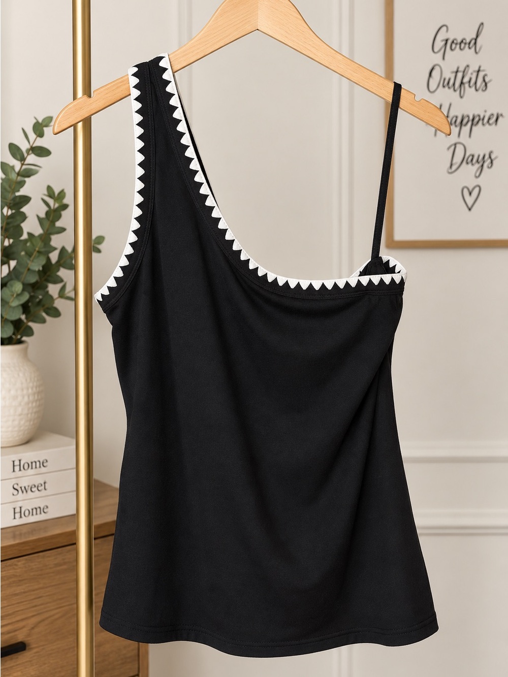 Old Navy Black One-Shoulder Tank with White Zigzag Trim